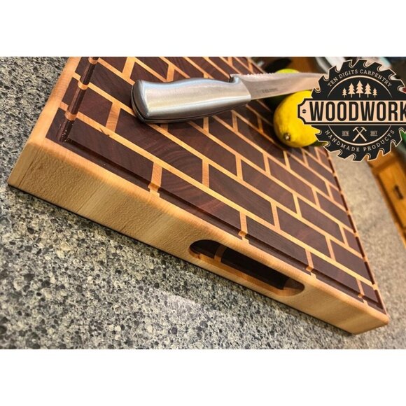 Mahogany, Maple, Beeswax, Handcrafted End Grain Cutting Board With Brick Pattern - Picture 4 of 9